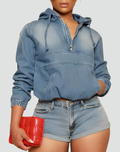 Effortless Denim Hoodie for Women with Half Zip Hooded Long Sleeve Cropped Casual Style