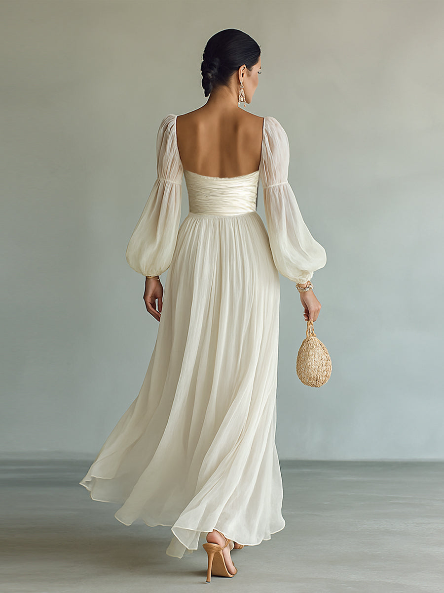Flowing Chiffon Maxi Dress with Square Neckline and Long Sleeves