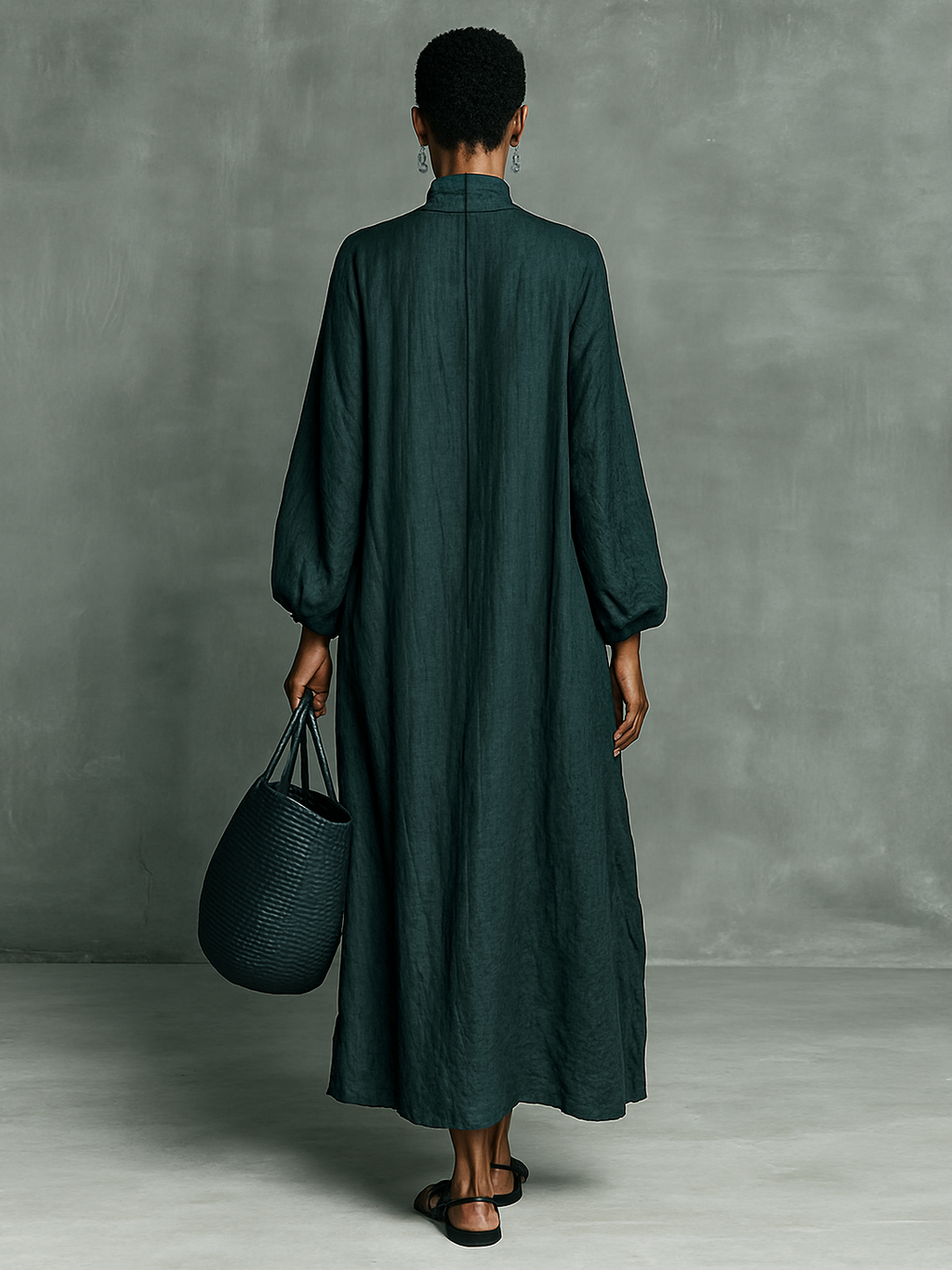 Embroidered Cotton Linen Maxi Dress with Half-High Collar and Long Sleeves