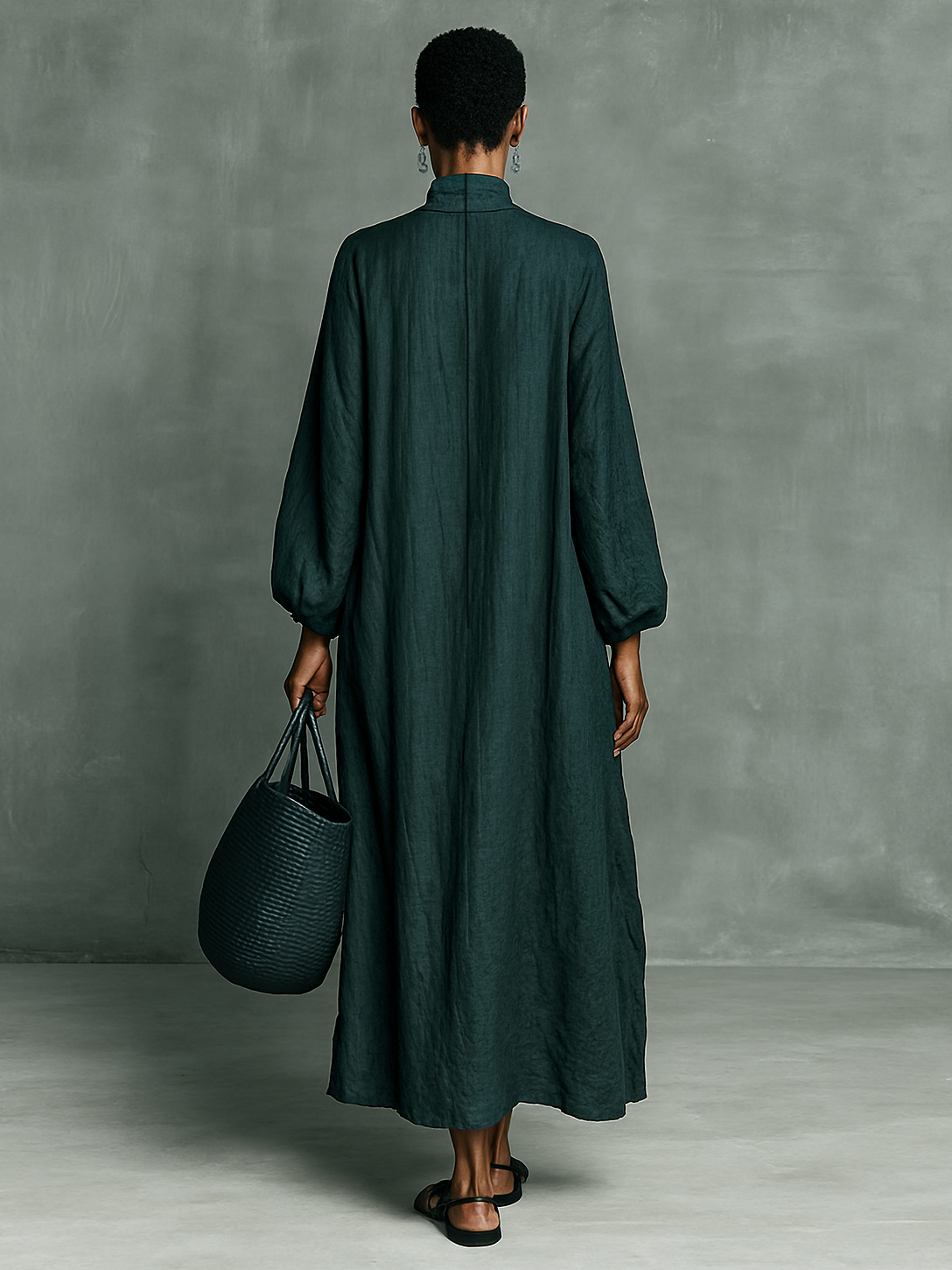 Loose Fit Linen Blend Long Dress with Shoulder Embroidery