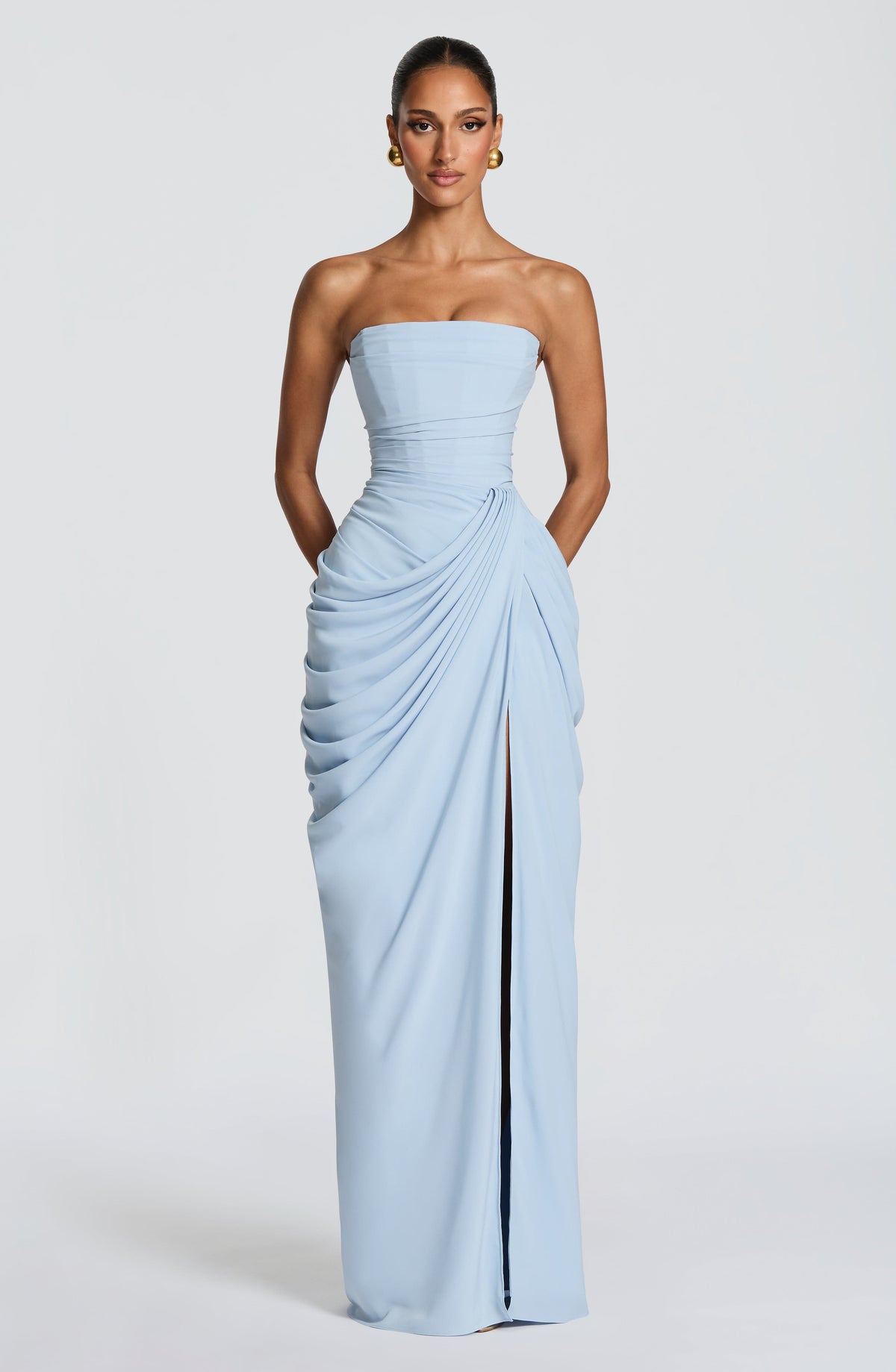 Elegant Draped Maxi Dress for Women with Strapless Sweetheart Ruched Side Slit Autumn Wedding Guest Style