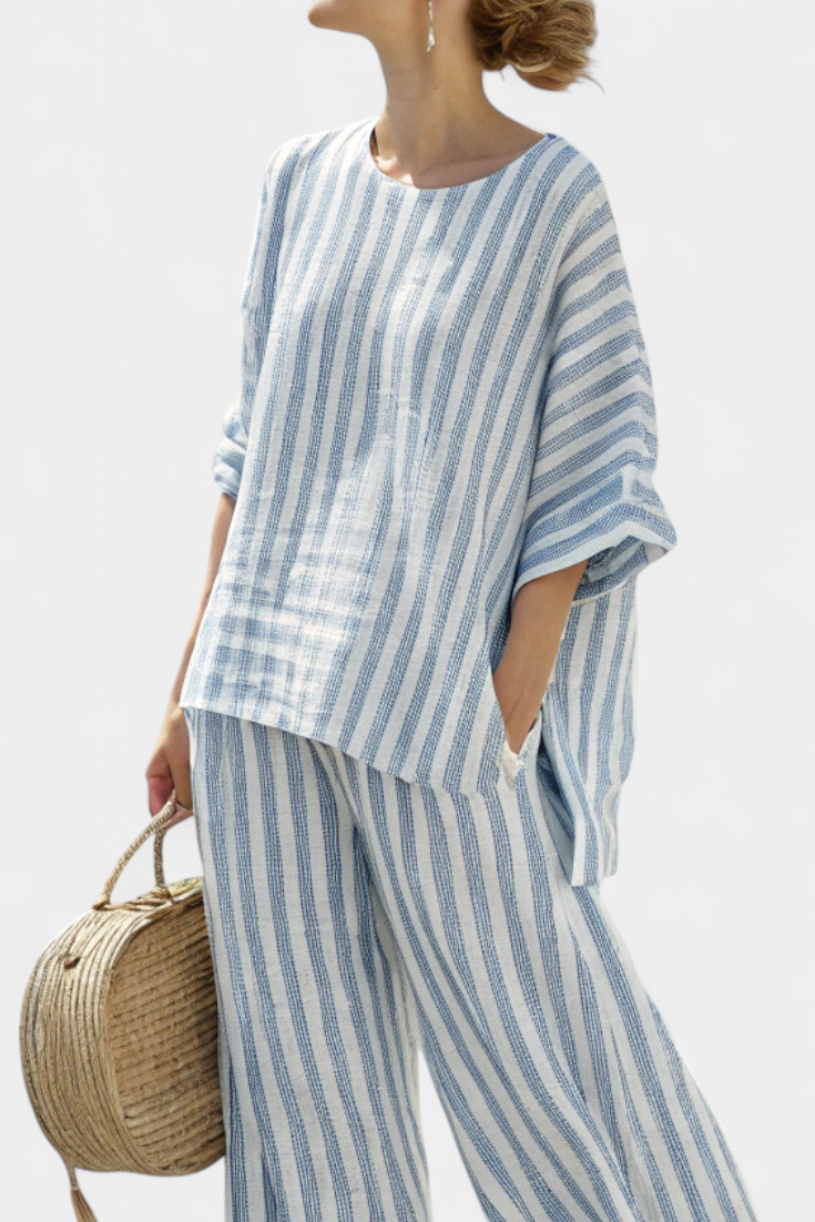 Rensleigh | Sophisticated Blue Striped Linen Top & Relaxed Pants