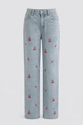 Elegant Light Blue Cherry Embroidered Jeans for Women with High Waisted Straight Leg Relaxed Casual Style
