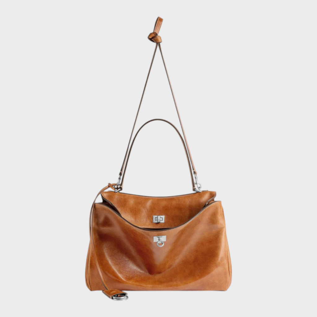 Structured Leather Handbag with Magnetic Flap Closure