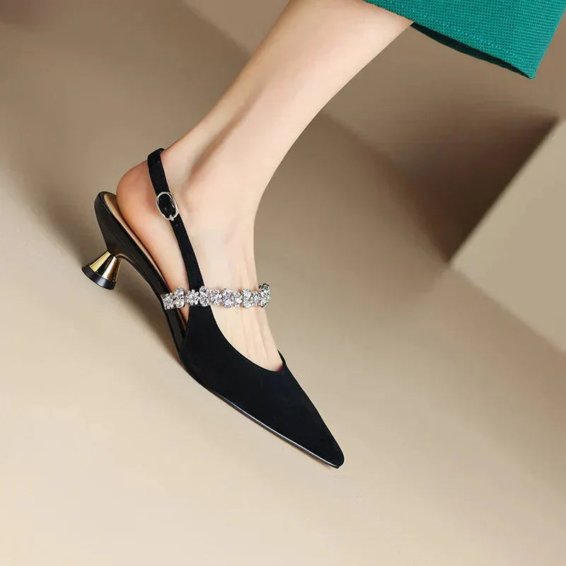 Crystal Strap Slingback Pumps with Pointed Toe and Low Heel