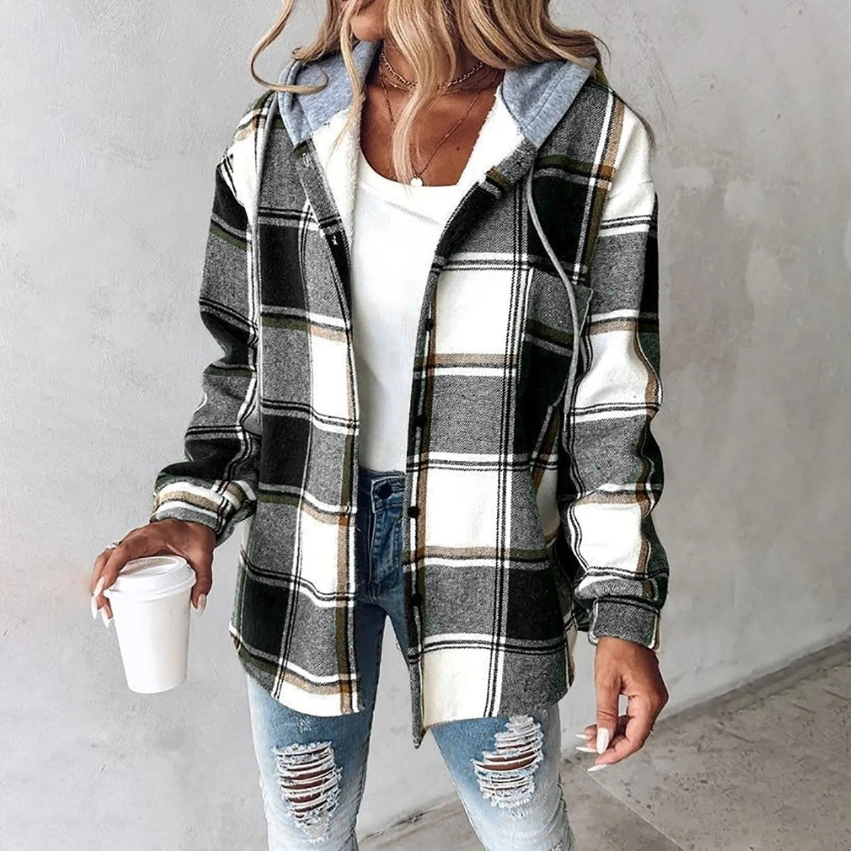 Effortless Plaid Flannel Shacket for Women with Hooded Long Sleeve Button Front Chest Pocket Oversized Style