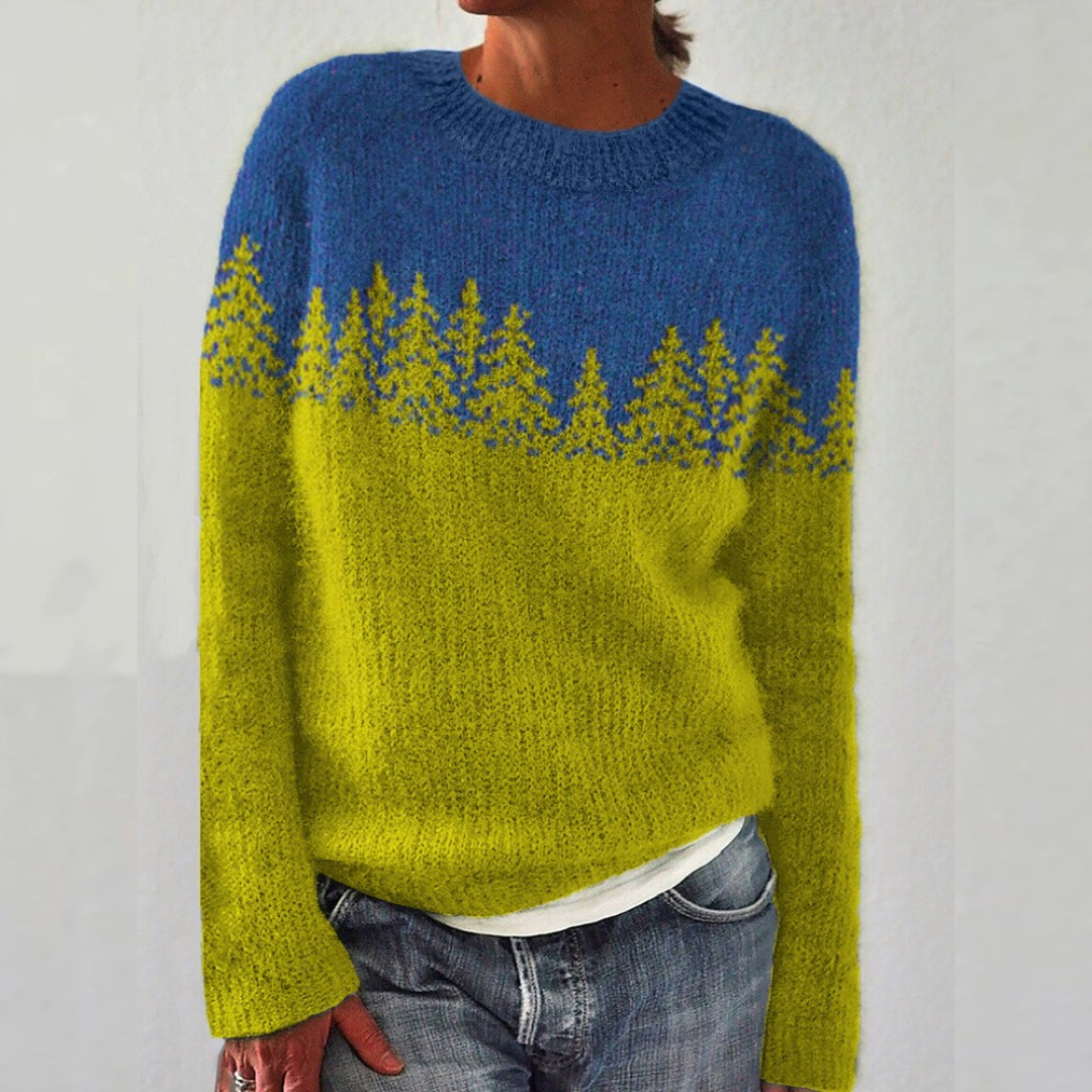 Comfortable Fair Isle Sweater for Women with Round Neck Long Sleeve Colorblock Oversized Knit Style