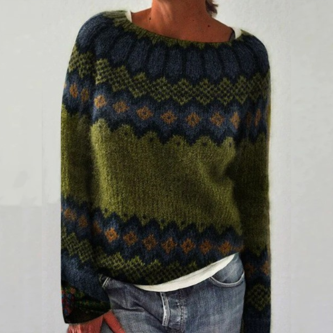 Comfortable Fair Isle Sweater for Women with Round Neck Long Sleeve Colorblock Oversized Knit Style