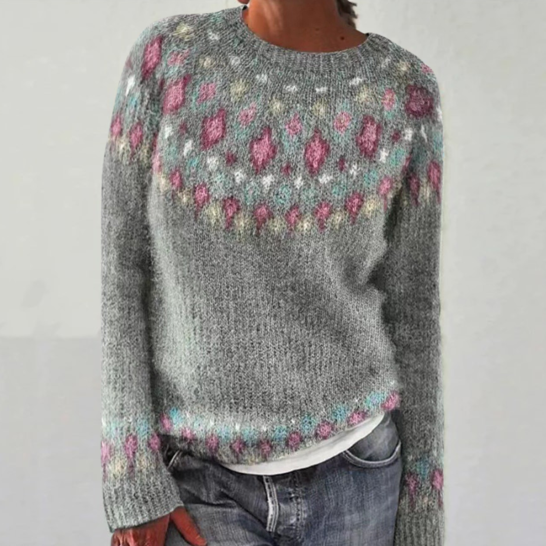 Comfortable Fair Isle Sweater for Women with Round Neck Long Sleeve Colorblock Oversized Knit Style