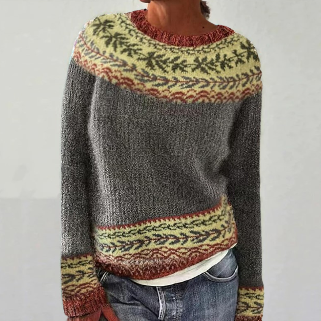 Comfortable Fair Isle Sweater for Women with Round Neck Long Sleeve Colorblock Oversized Knit Style