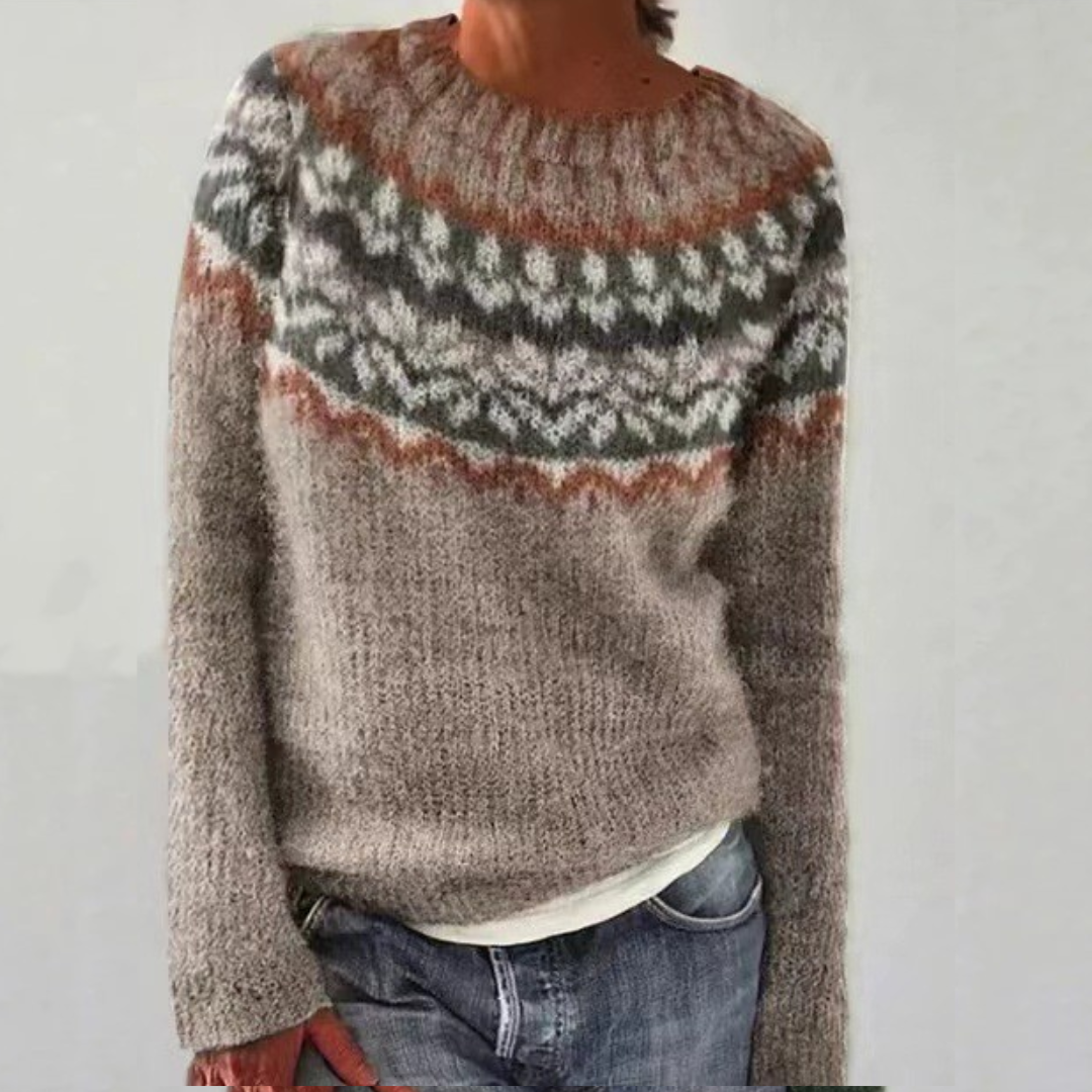Comfortable Fair Isle Sweater for Women with Round Neck Long Sleeve Colorblock Oversized Knit Style