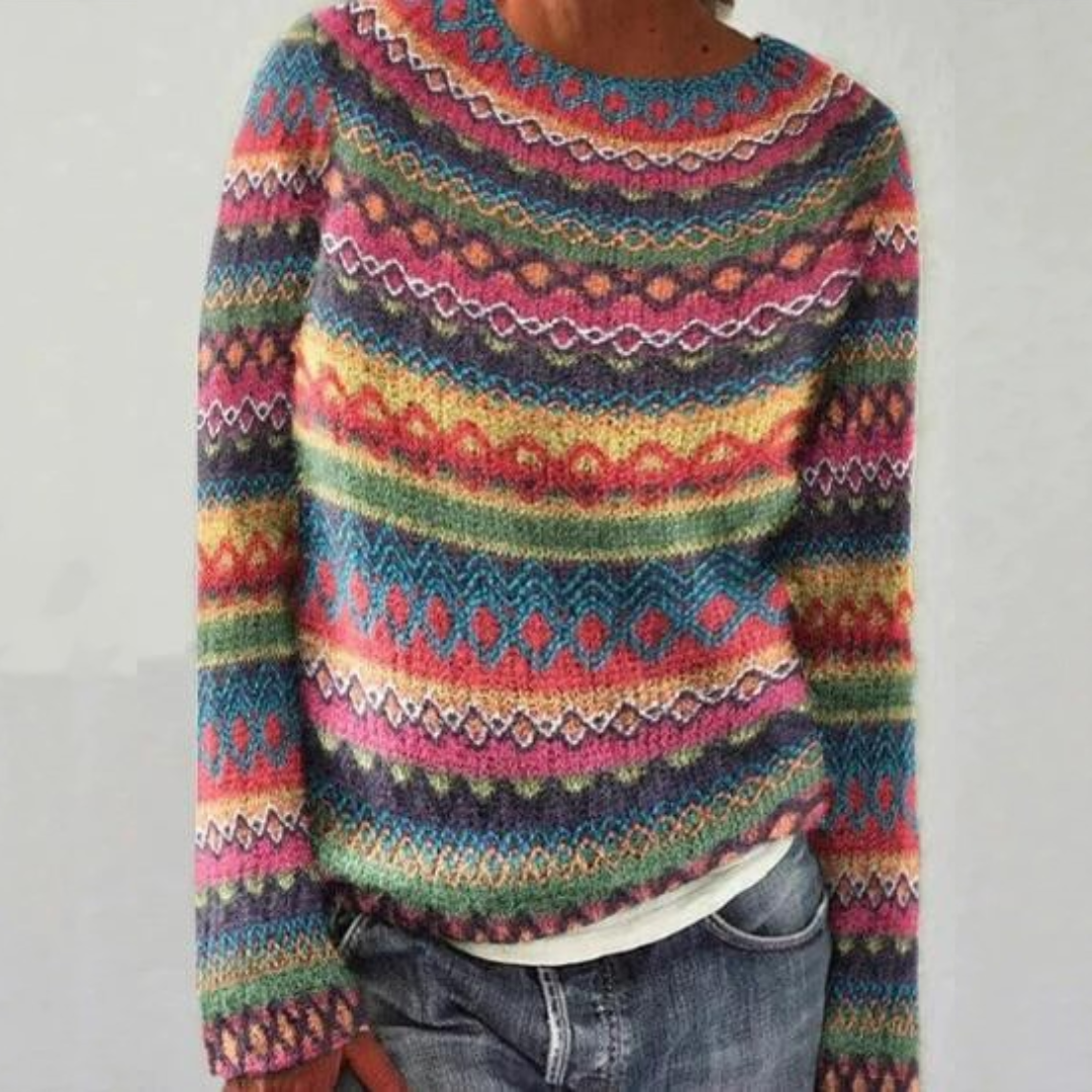 Comfortable Fair Isle Sweater for Women with Round Neck Long Sleeve Colorblock Oversized Knit Style