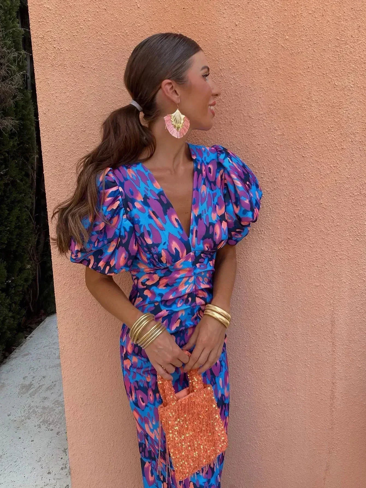 Loren | Vibrant Midi Dress with Puff Sleeves