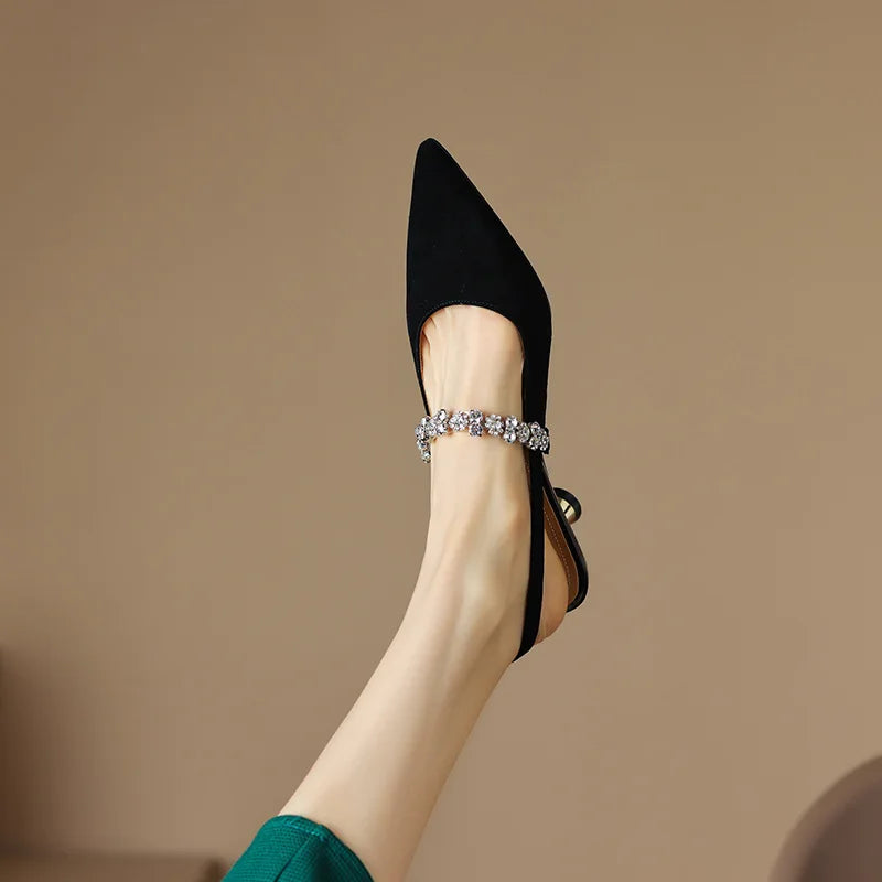 Crystal Strap Slingback Pumps with Pointed Toe and Low Heel