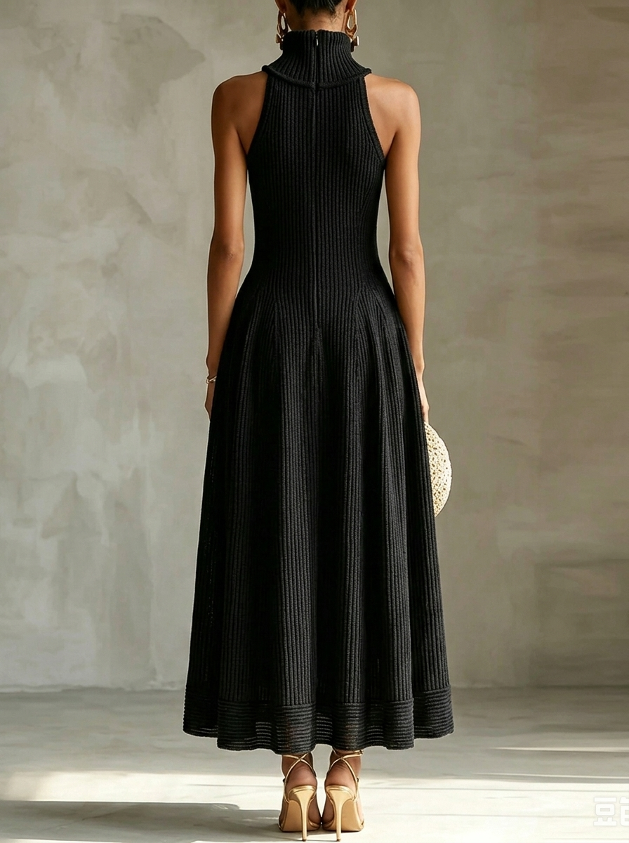 Minimalist Black Knit Evening Dress with Mock Neck and Thigh Slit