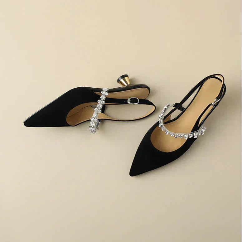 Crystal Strap Slingback Pumps with Pointed Toe and Low Heel