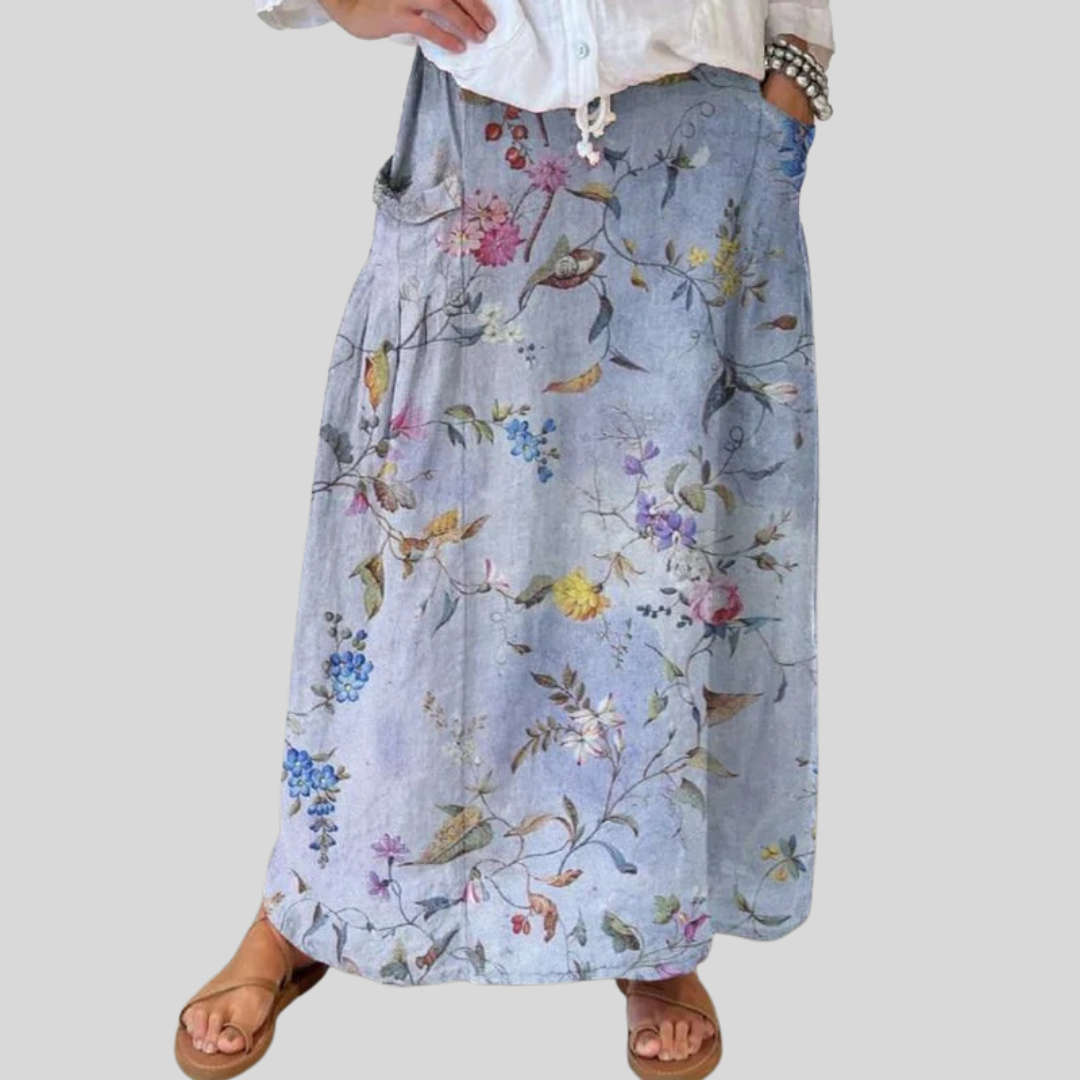 Elegant Vintage Blue Print Women's Linen Pocket Skirt