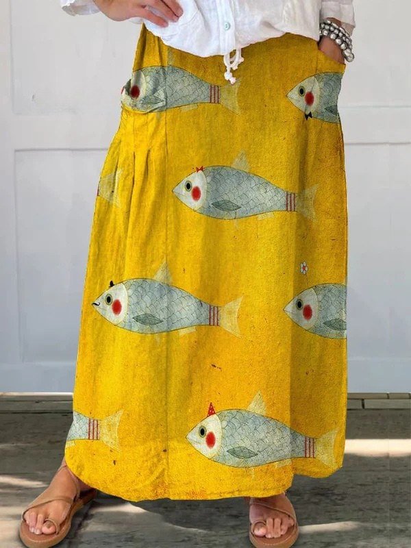 Women's Vintage Fish Art Print Linen Pocket Skirt