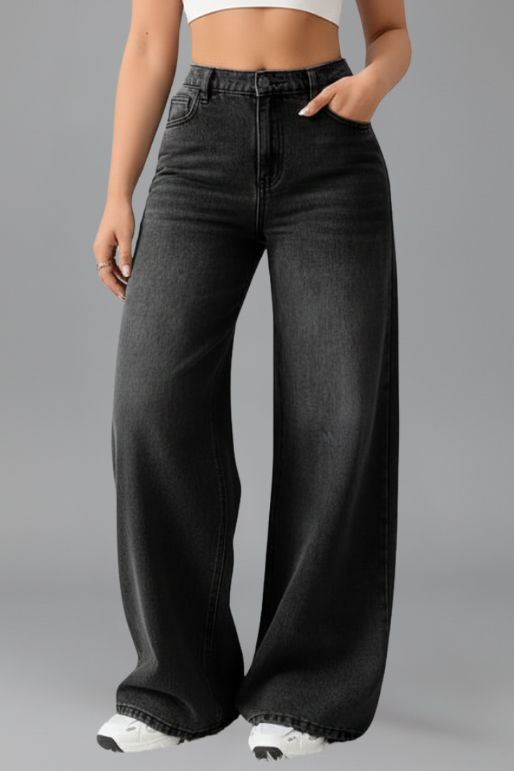 Effortless Black Jeans for Women with High Waist Relaxed Wide Leg Washed Style