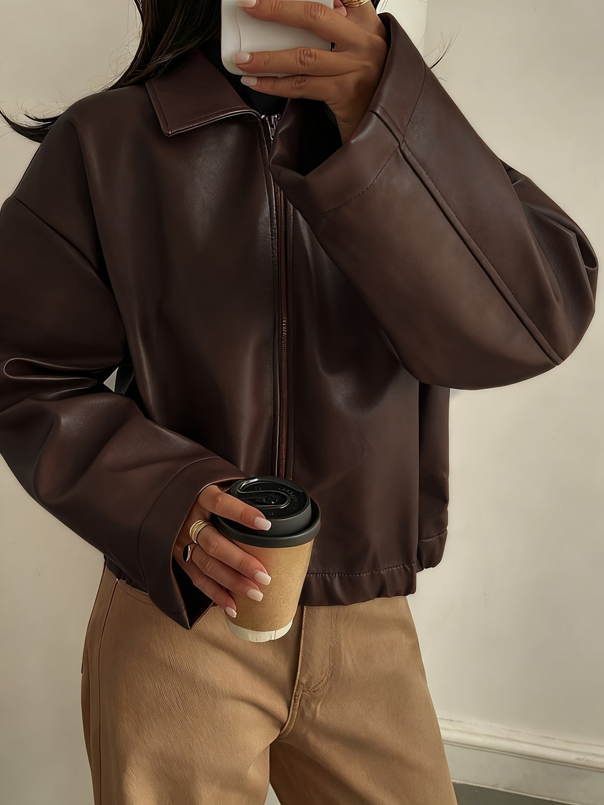 Cropped Brown Faux Leather Jacket with Point Collar and Full Zip