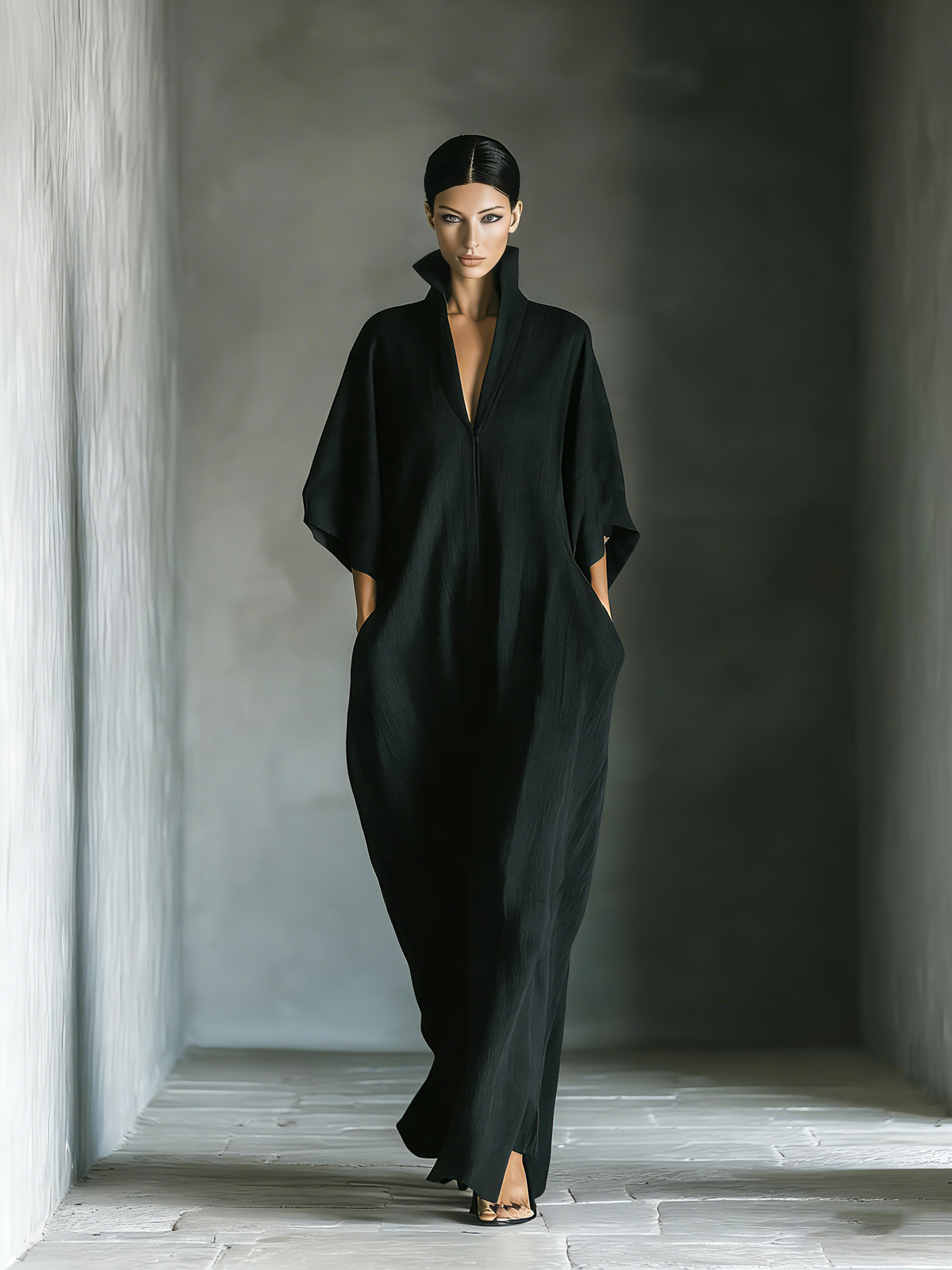 Relaxed V-Neck Maxi Dress with Wide Sleeves and Pockets
