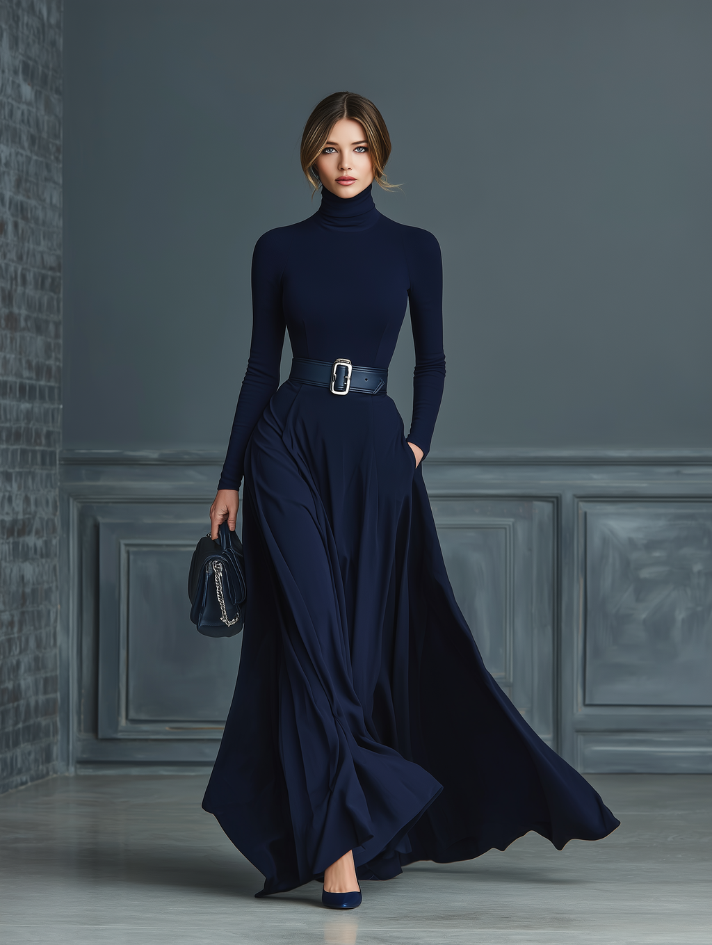 Women's Dark Blue Knitted High-neck Dress