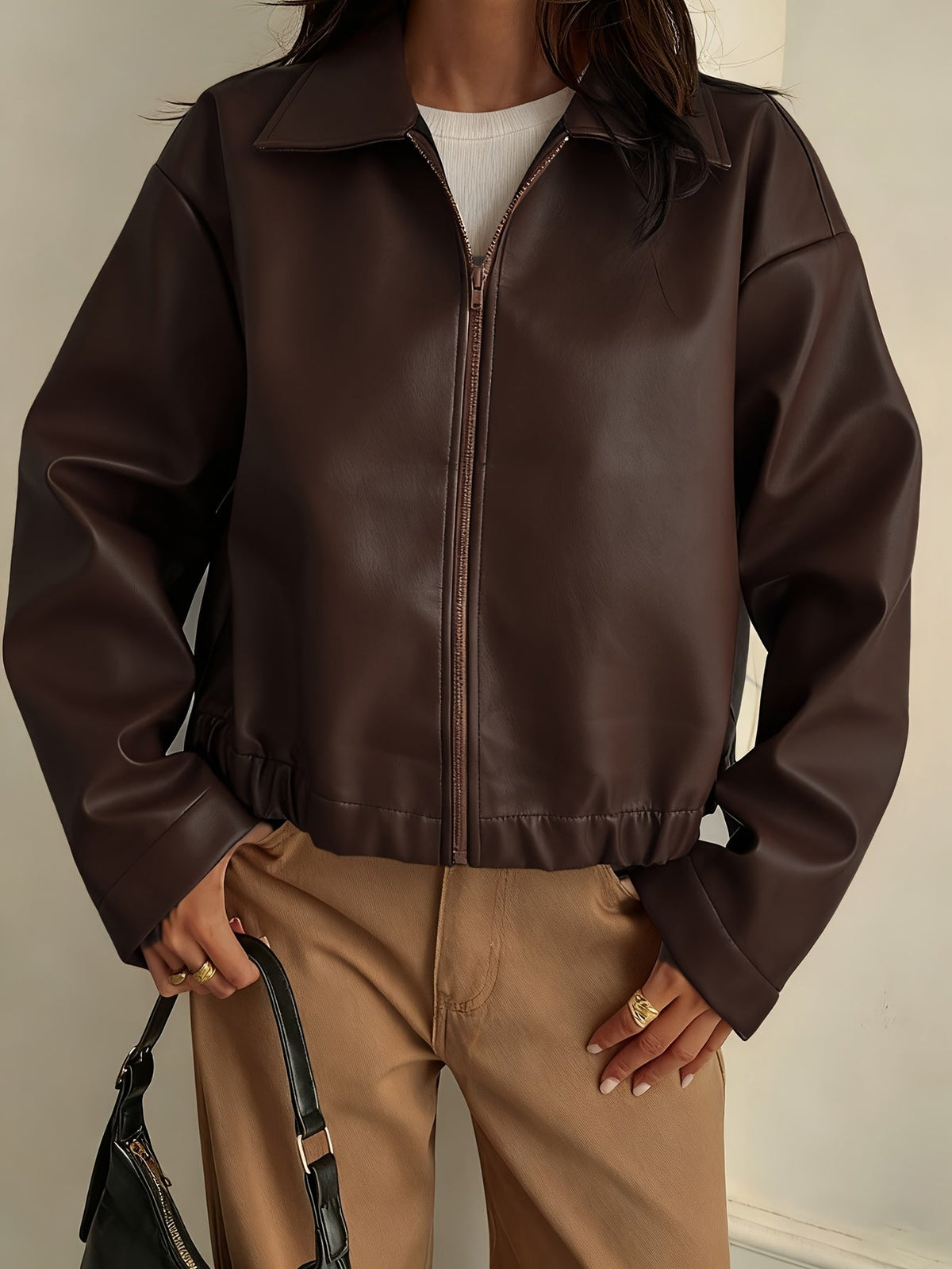 Brown Faux Leather Cropped Jacket with Structured Collar