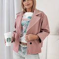 Effortless Pink Pea Coat for Women with Notched Lapel Long Sleeve Double Breasted Cropped Casual Style