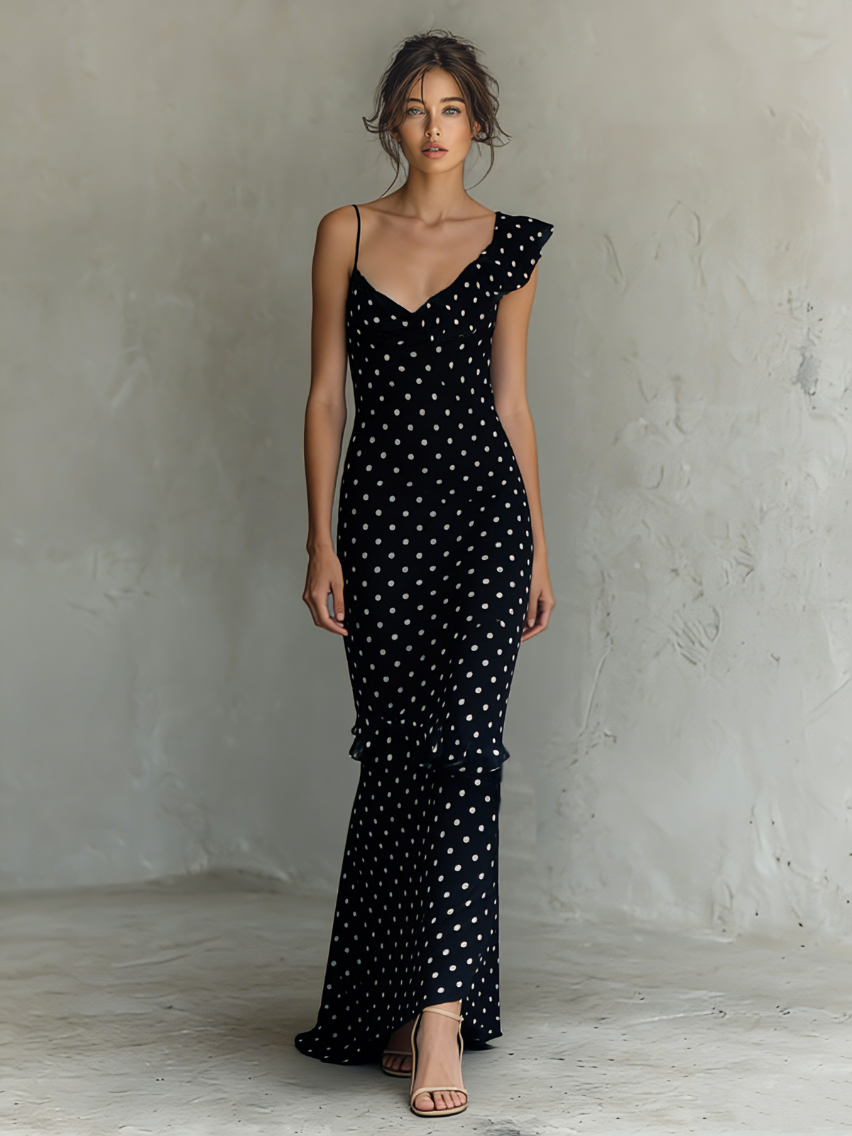 Women's Minimalist Polka Dot Chiffon Sleeveless V-neck Maxi Dress