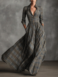 Women's Grey Sophisticated Tartan - Patterned Linen - Blend Flared Maxi Dress