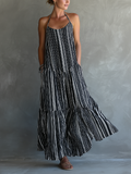 Women's Black And White Vacation Style Striped Maxi Dress With Halter Neckline & Tiered Skirt
