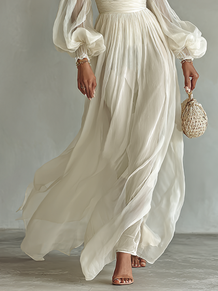Lightweight Chiffon Long Sleeve Maxi Dress with Fitted Waist for Day to Evening