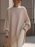 Comfortable Apricot Knit Fall Oversized Sweater for Women with Crew Neck Batwing Sleeve Ribbed Hem Relaxed Style