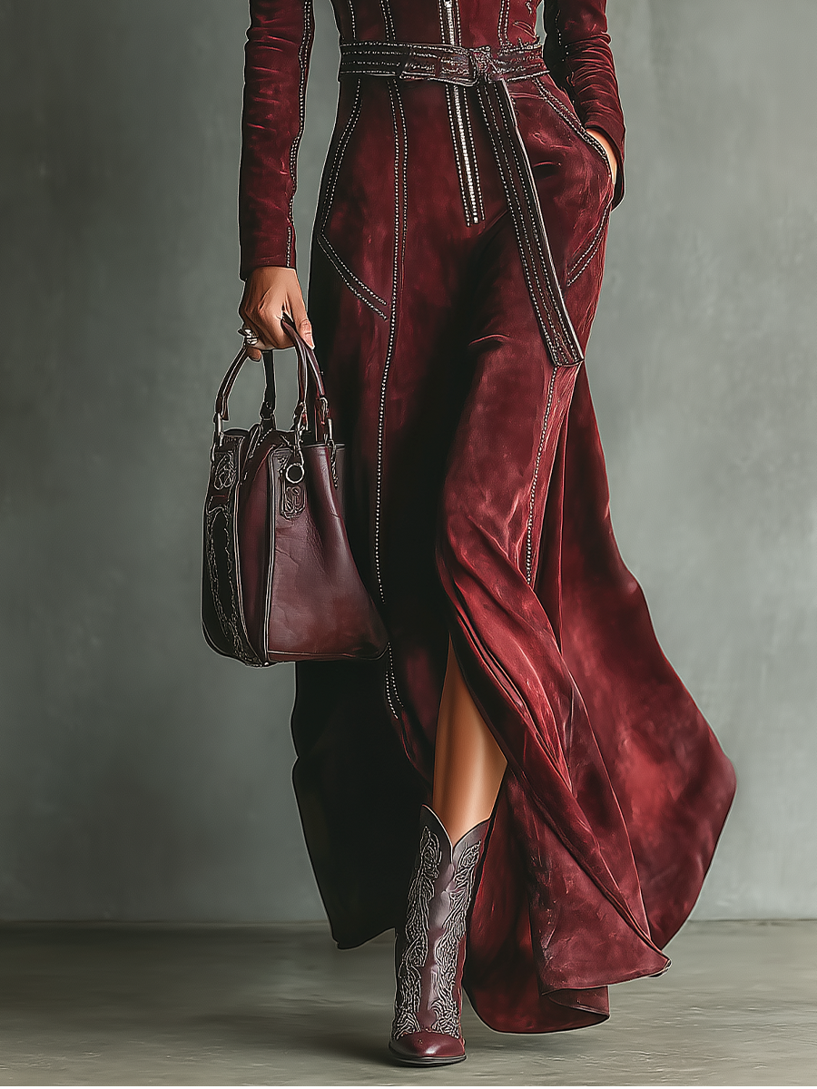 Women's Burgundy Suede-Look Maxi Dress with V Neckline for Fall Evenings