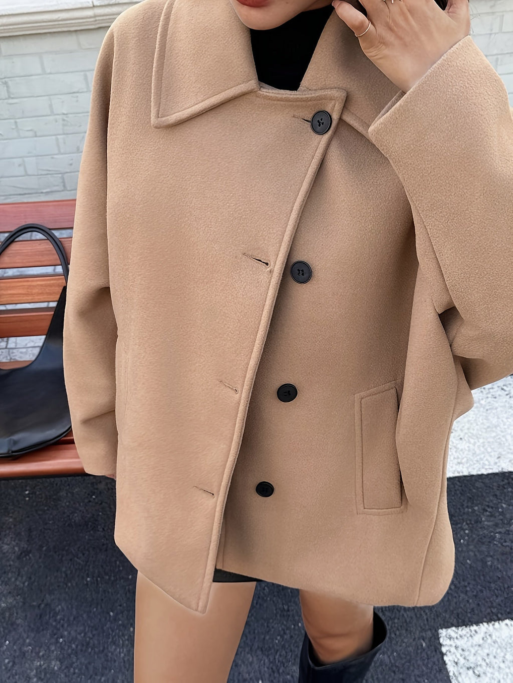Elegant Khaki Wool Pea Coat for Women with Notched Collar Batwing Sleeve Oversized Button Front Style