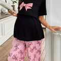 Comfortable Bow Print Maternity Pajama Set for Women with Round Neck Short Sleeve Wide Leg Two Piece Style