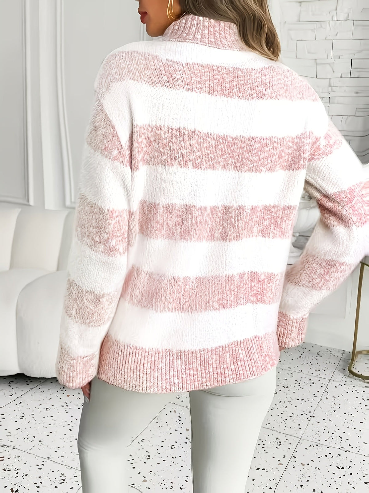 Comfortable Striped Sweater for Women with Turtleneck Long Sleeve Relaxed Oversized Knit Style