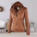 Elegant Brown Leather Jacket for Women with Hooded Long Sleeve Quilted Moto Style