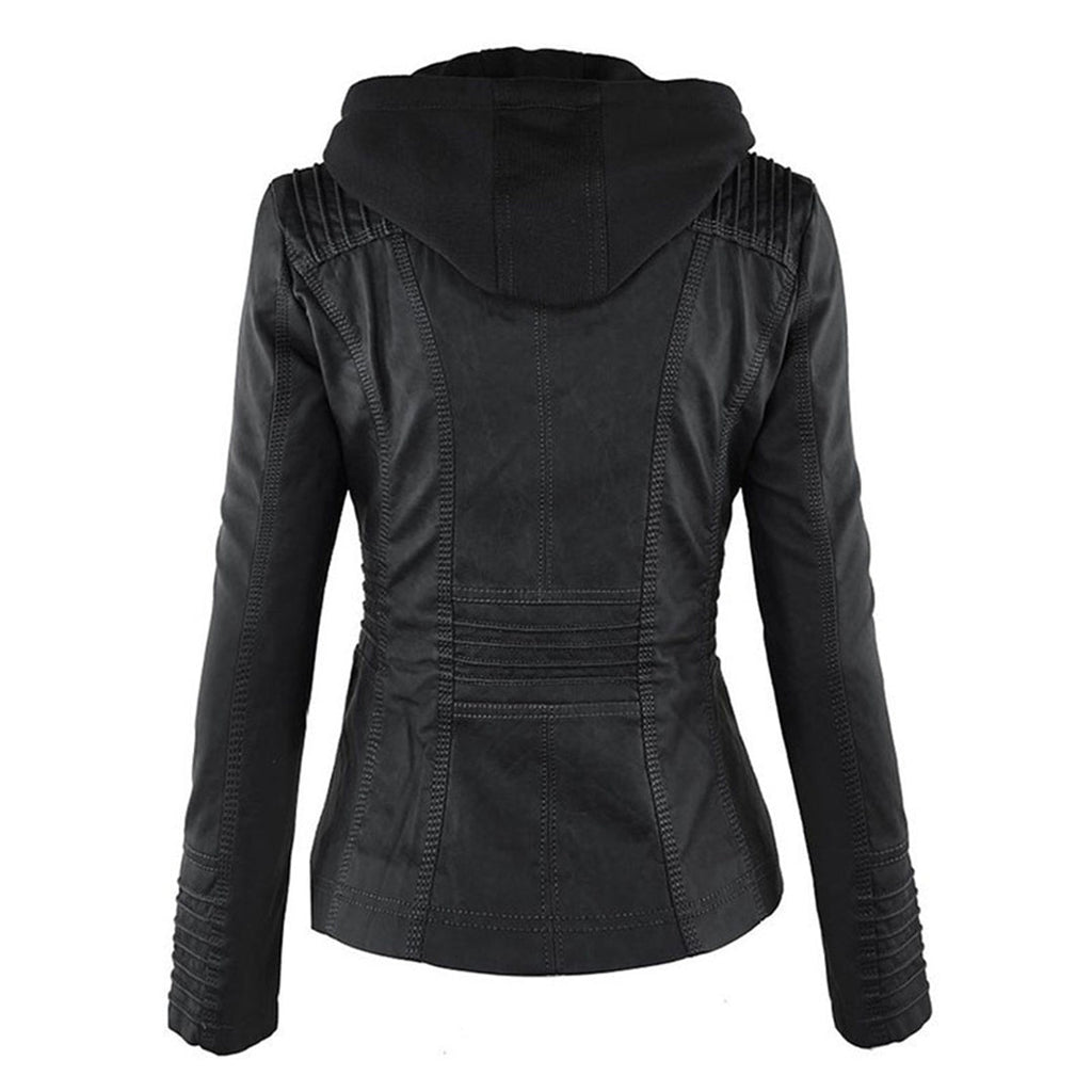 Elegant Brown Leather Jacket for Women with Hooded Long Sleeve Quilted Moto Style