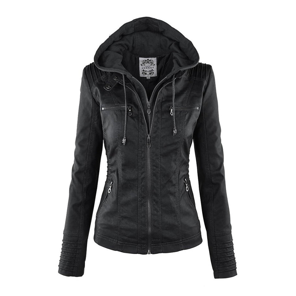 Elegant Brown Leather Jacket for Women with Hooded Long Sleeve Quilted Moto Style