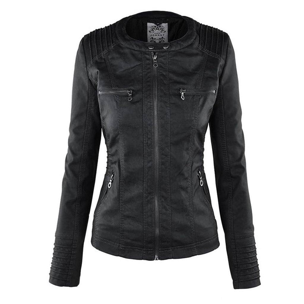 Elegant Brown Leather Jacket for Women with Hooded Long Sleeve Quilted Moto Style