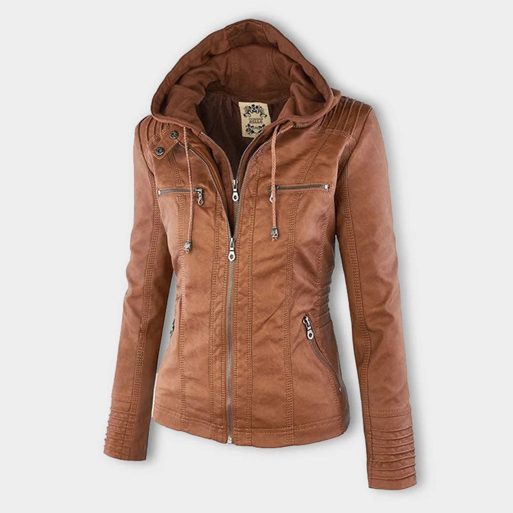 Elegant Brown Leather Jacket for Women with Hooded Long Sleeve Quilted Moto Style