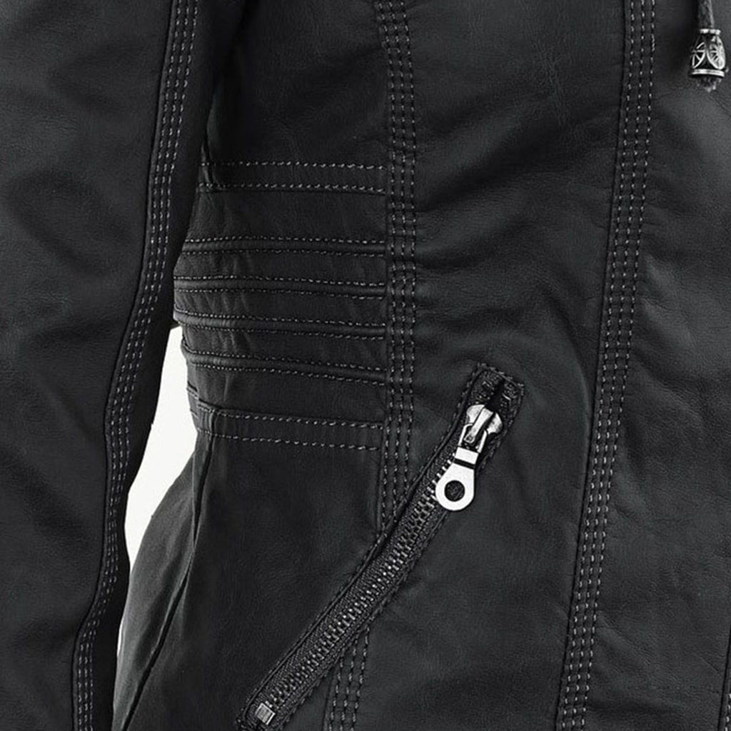 Elegant Brown Leather Jacket for Women with Hooded Long Sleeve Quilted Moto Style