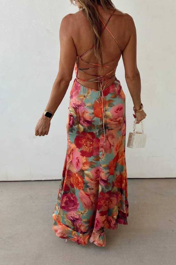 Elegant Open Back Satin Dress in Floral Print