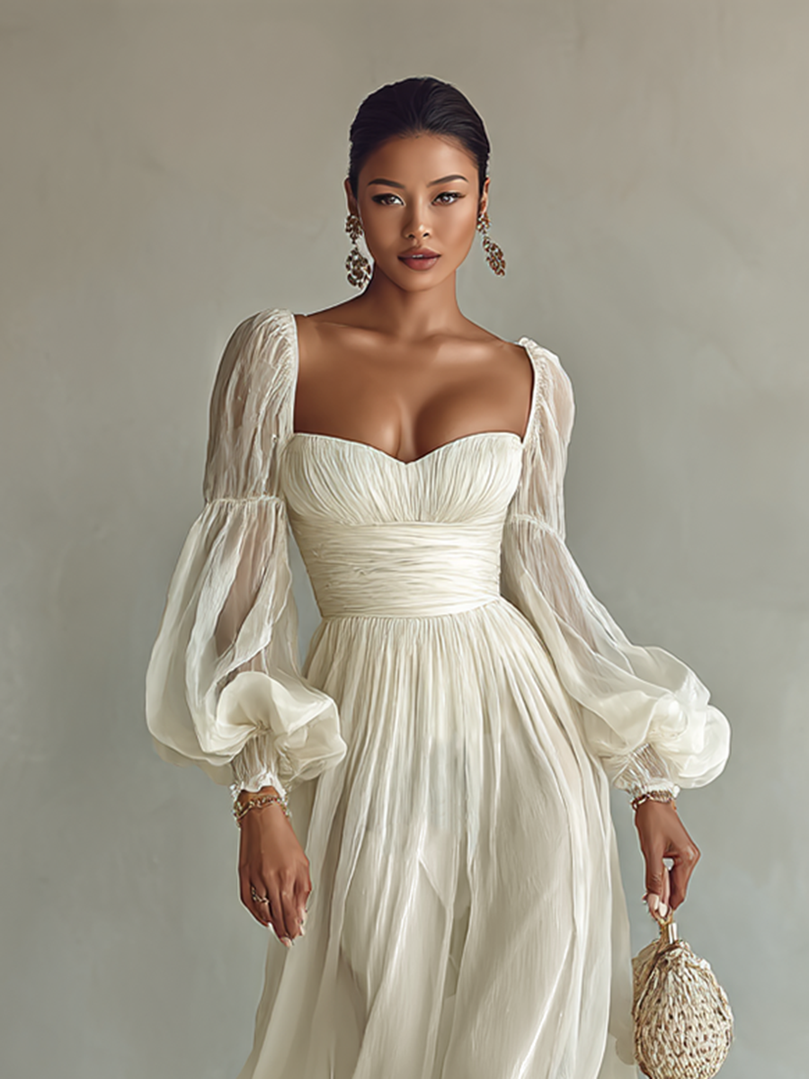 Lightweight Chiffon Long Sleeve Maxi Dress with Fitted Waist for Day to Evening