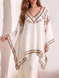 Effortless Poncho Shirt for Women with V Neck Embroidered Trim Draped Kaftan Style