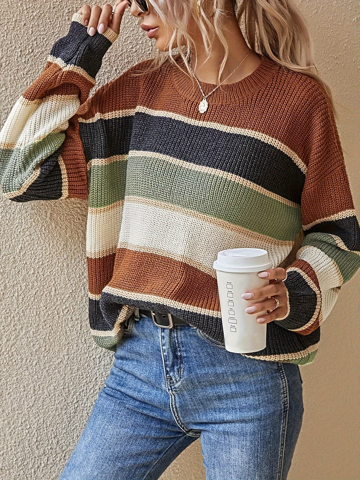 Comfortable Striped Color Block Sweater for Women with Crew Neck Long Sleeve Relaxed Oversized Knit Style