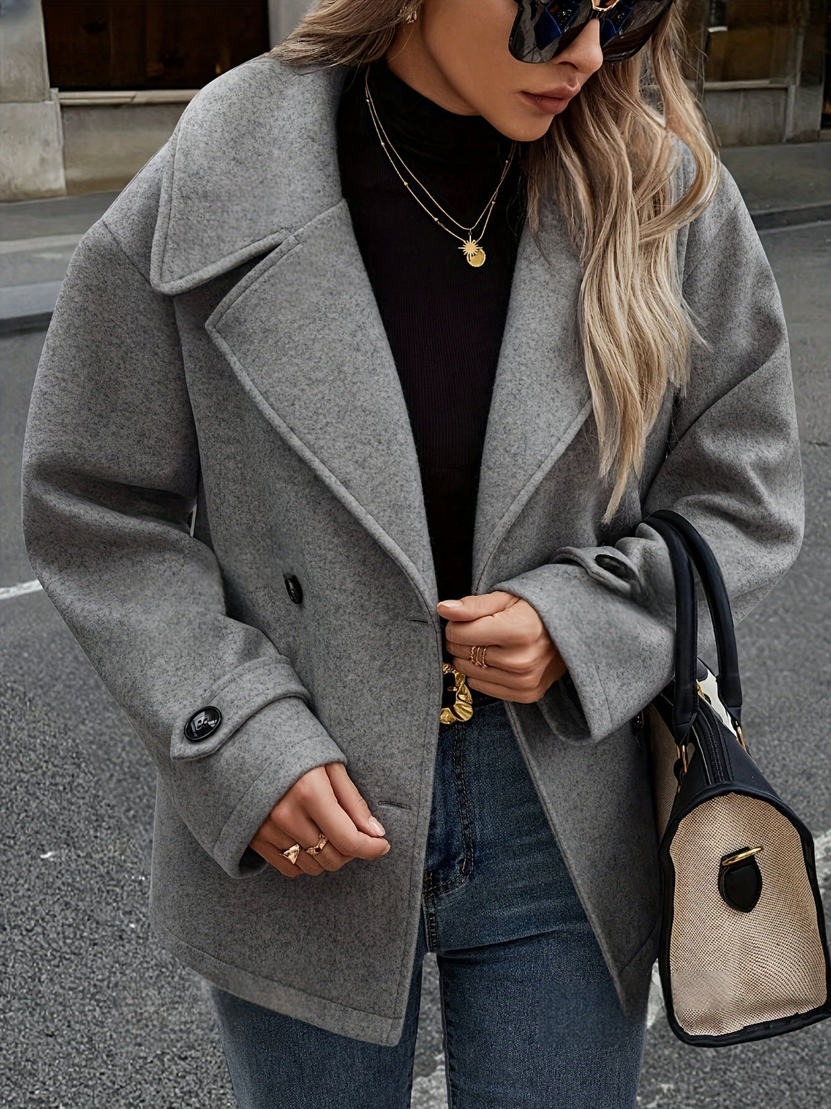Elegant Dark Gray Wool High Pea Coat for Women with Notched Lapel Long Sleeve Double Breasted Oversized Style