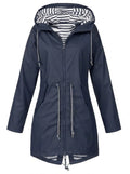 Effortless Striped Lined Rain Jacket for Women with Hooded Long Sleeve Drawstring Waist Casual Style