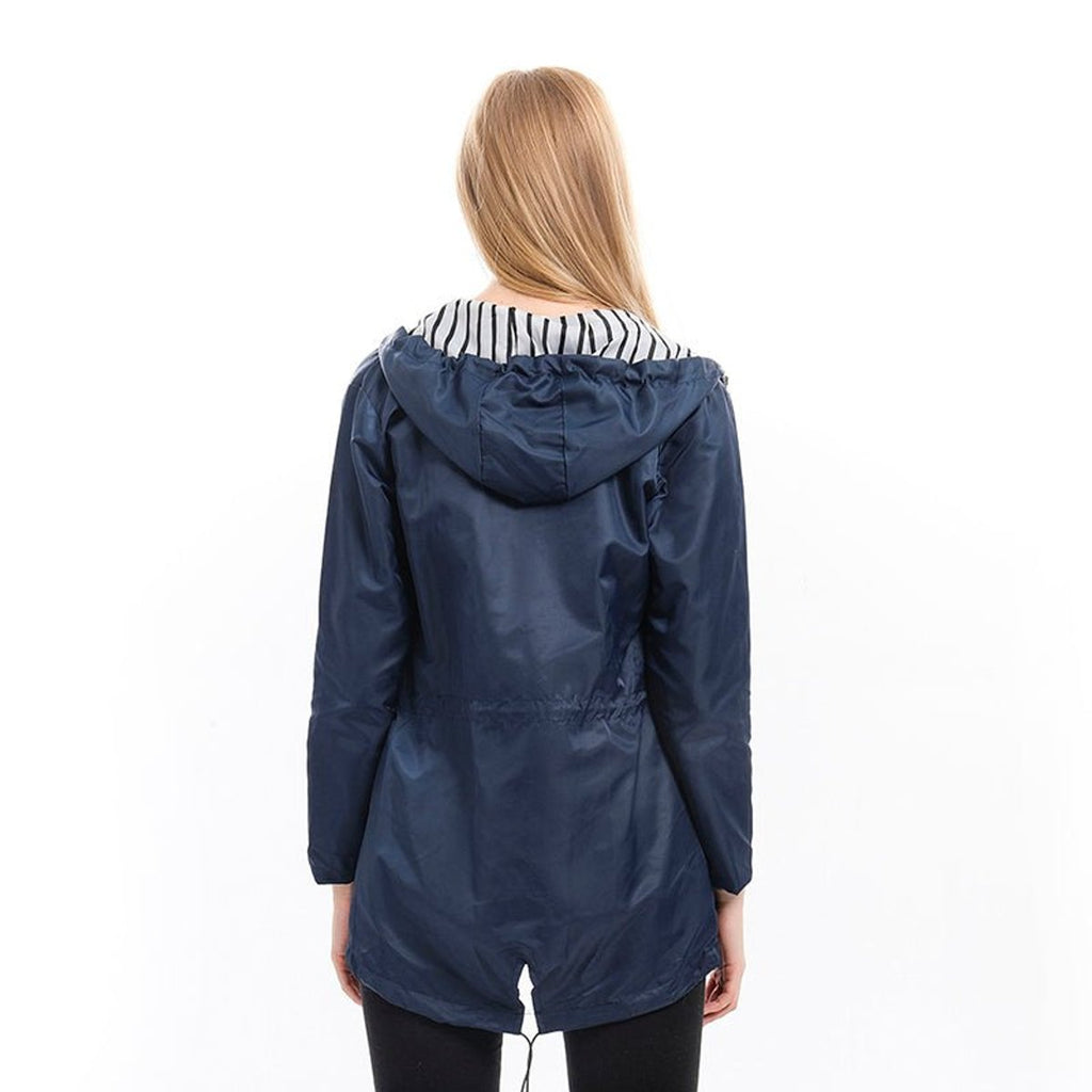 Effortless Striped Lined Rain Jacket for Women with Hooded Long Sleeve Drawstring Waist Casual Style